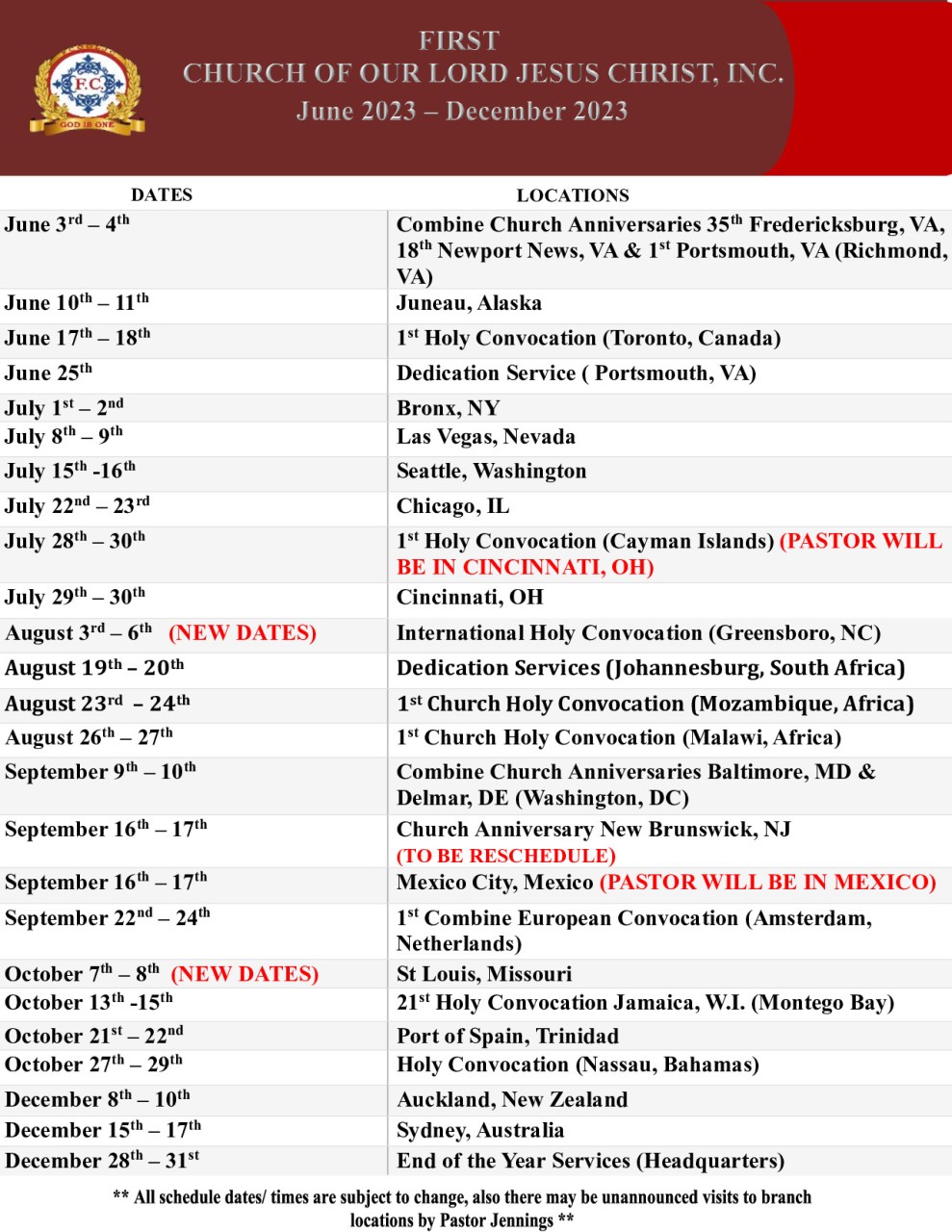 Calendar Of Events - 2023 - Truth Of God